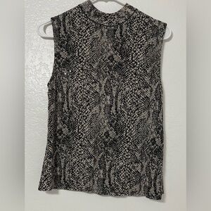 St. John Black Tan Animal Print Knit Sleeveless Mock Neck Sequin Top Size M